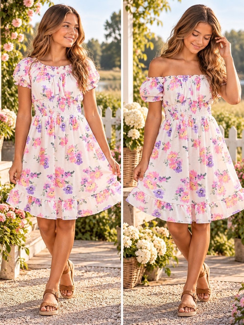 No Comment Girls Sundress - White with Pink & Purple Flowers